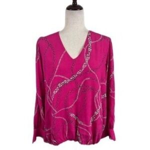 New Karen Kane Pink Hot Blouse Chain Print Long Sleeve Womens Plus Size 1X $168